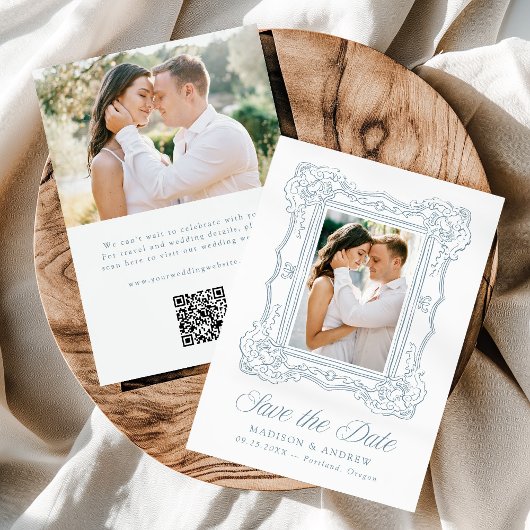Elegant Blue Ornate Frame 2 Photo QR Code Wedding Save The Date