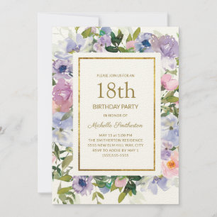 Elegant Blue Paars Floral Gold 18th Birthday Kaart