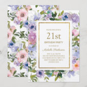 Elegant Blue Paars Floral Gold 21st Birthday Kaart (Voorkant / Achterkant)