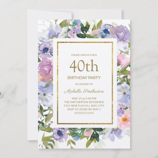Elegant Blue Paars Floral Gold 40th Birthday Kaart (Voorkant)