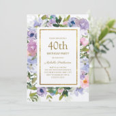 Elegant Blue Paars Floral Gold 40th Birthday Kaart (Staand voorkant)