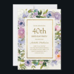 Elegant Blue Paars Floral Gold 40th Birthday Kaart<br><div class="desc">De 40e verjaardag van Elegant dusty blue en paarse waterverf florale vrouwen met groene bladeren en een gouden lijst. De tekst is volledig klantgericht,  zodat kan deze kaart voor om het even welke leeftijd worden veranderd.</div>