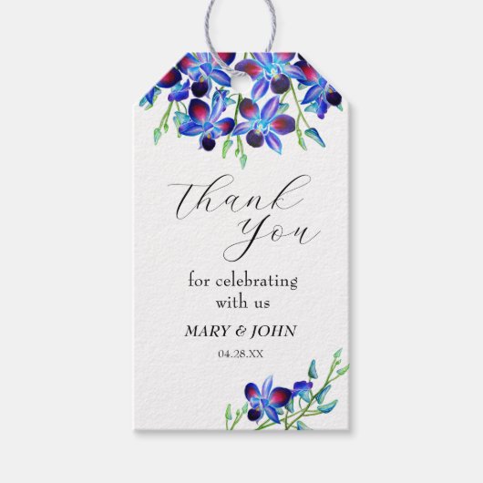 Elegant Blue Paars Orchids Weddenschap Bedankt Cadeaulabel (Voorkant)