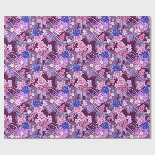 Elegant Blue Paars Oriental Floral Pattern Cadeaupapier (Vlak)