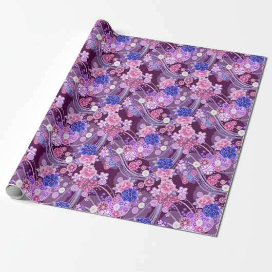 Elegant Blue Paars Oriental Floral Pattern Cadeaupapier (Uitgerold)