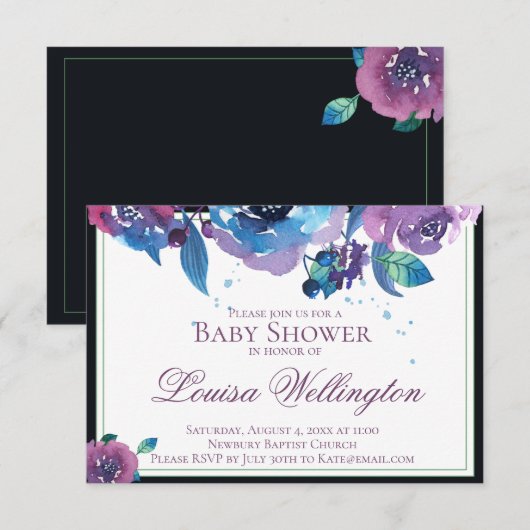 Elegant Blue Paars Twilight Floral Baby shower Kaart (Voorkant / Achterkant)