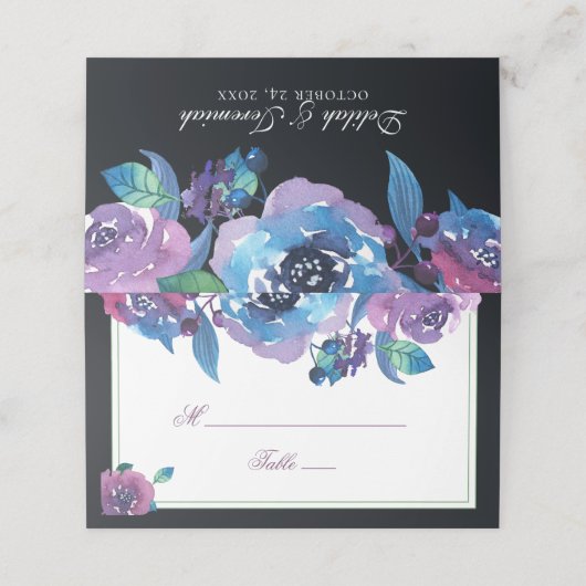 Elegant Blue Paars Twilight Floral Wedding Table Plaatskaartje (Buitenkant ongevouwen)