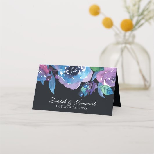 Elegant Blue Paars Twilight Floral Wedding Table Plaatskaartje (Achterkant)