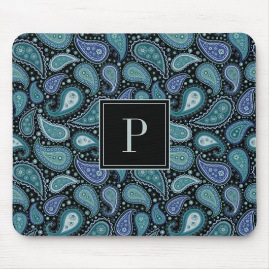 Elegant Blue Paisley Patroon Monogram Muismat (Voorkant)