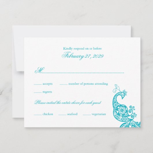 Elegant Blue Paisley Peacock Wedding RSVP Card (Voorkant)