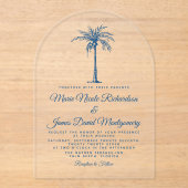 Elegant Blue Palm Formal Beach Wedding Acryl Uitnodigingen (Voorkant)