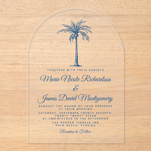 Elegant Blue Palm Formal Beach Wedding Acryl Uitnodigingen (Voorkant)