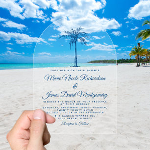Elegant Blue Palm Formal Beach Wedding Acryl Uitnodigingen