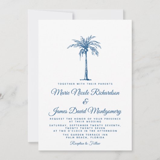 Elegant Blue Palm Formal Beach Wedding Kaart (Voorkant)