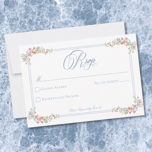 Elegant Blue Pastel Wildflower Border Wedding RSVP Kaartje