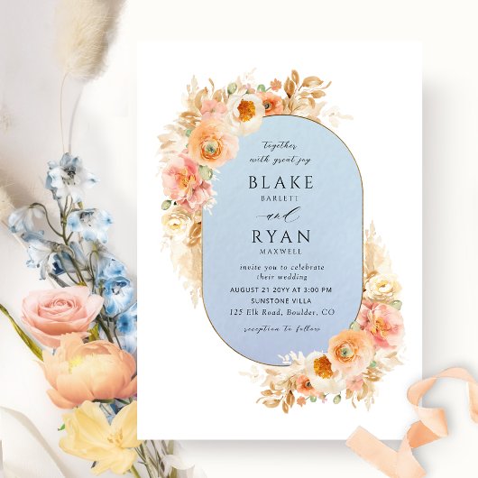 Elegant Blue, Peach Blush and Cream Oval Wedding Kaart