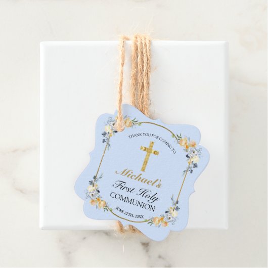 Elegant Blue Peach Floral 1st Heilige Communauteit Bedankjes Labels (In situ)