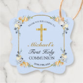 Elegant Blue Peach Floral 1st Heilige Communauteit Bedankjes Labels (Achterkant)