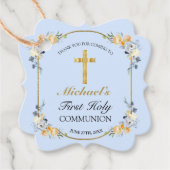 Elegant Blue Peach Floral 1st Heilige Communauteit Bedankjes Labels (Voorkant)