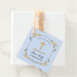 Elegant Blue Peach Floral 1st Heilige Communie Bedankjes Labels