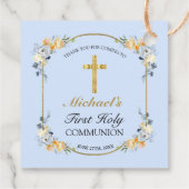 Elegant Blue Peach Floral 1st Heilige Communie Bedankjes Labels (Achterkant)