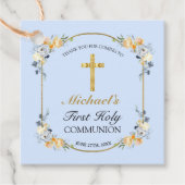 Elegant Blue Peach Floral 1st Heilige Communie Bedankjes Labels (Voorkant)