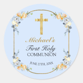 Elegant Blue Peach Floral 1st Heilige Communie Ronde Sticker