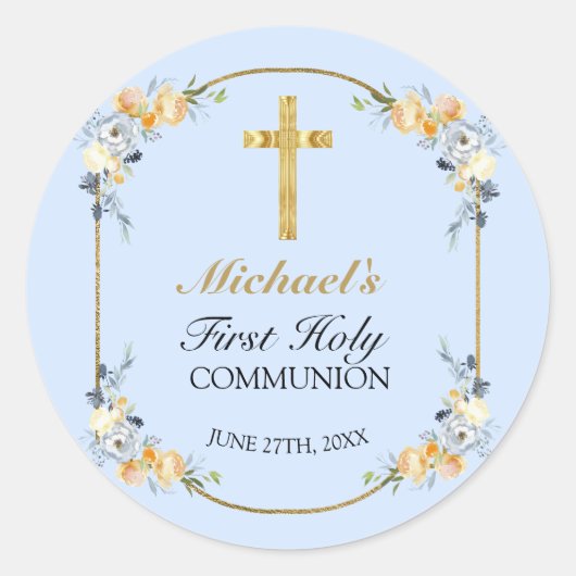 Elegant Blue Peach Floral 1st Heilige Communie Ronde Sticker (Voorkant)