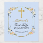 Elegant Blue Peach Floral 1st Heilige Communie Wijn Etiket (Enkel label)