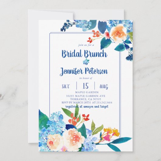 Elegant Blue & Peach Floral Bridal Brunch Kaart (Voorkant)