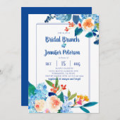Elegant Blue & Peach Floral Bridal Brunch Kaart (Voorkant / Achterkant)