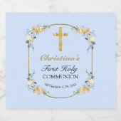 Elegant Blue Peach Floral Gold Cross 1st Community Sparkling Wijnetiket (Enkel label)