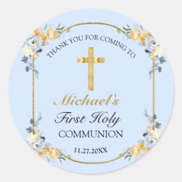 Elegant Blue Peach Floral Heilige Communie Dank je Ronde Sticker