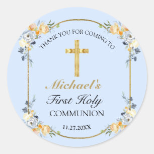 Elegant Blue Peach Floral Heilige Communie Dank je Ronde Sticker