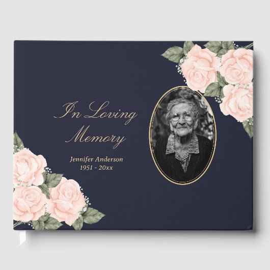Elegant Blue Peach Floral Photo Funeral Gastenboek (Voorkant)