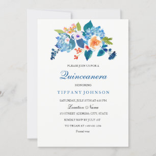 Elegant Blue & Peach Floral Quinceanera Uitnodigin Kaart