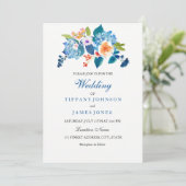 Elegant Blue & Peach Floral Wedding Invitation Kaart (Staand voorkant)