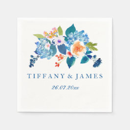 Elegant Blue & Peach Floral Wedding Napkin Servet