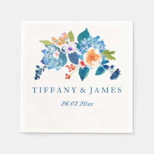 Elegant Blue & Peach Floral Wedding Napkin Servet