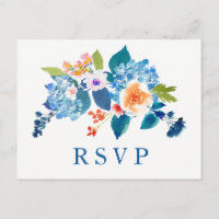 Elegant Blue Peach Floral Wedding RSVP Uitnodiging