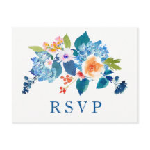Elegant Blue Peach Floral Wedding RSVP Uitnodiging