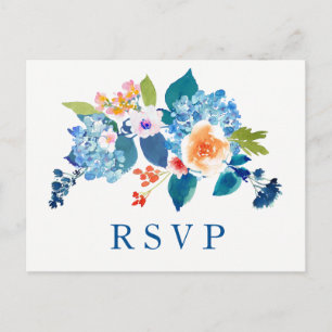 Elegant Blue Peach Floral Wedding RSVP Uitnodiging Briefkaart