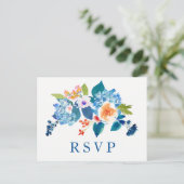 Elegant Blue Peach Floral Wedding RSVP Uitnodiging Briefkaart (Staand voorkant)