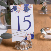 Elegant Blue Peach Floral Wedding Table Number