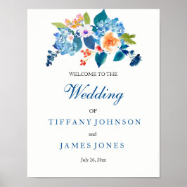 Elegant Blue & Peach Floral Wedding Weclome Poster