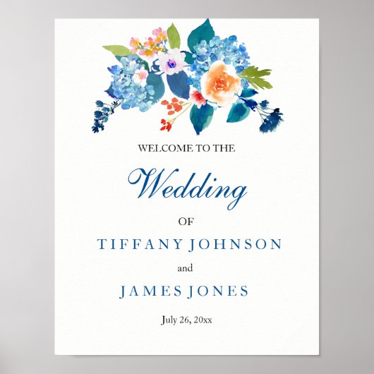 Elegant Blue & Peach Floral Wedding Weclome Poster (Voorkant)