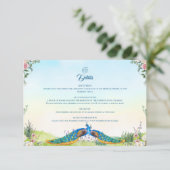 Elegant Blue Peacock Botanical Wedding Style Informatiekaartje (Staand voorkant)