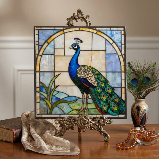 Elegant Blue Peacock Faux Stained Glass Mosaic Art Tegeltje