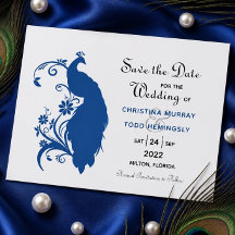 Elegant Blue Peacock Flat Save the Date Kaart