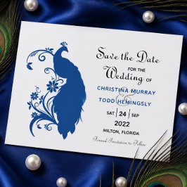 Elegant Blue Peacock Flat Save the Date Kaart